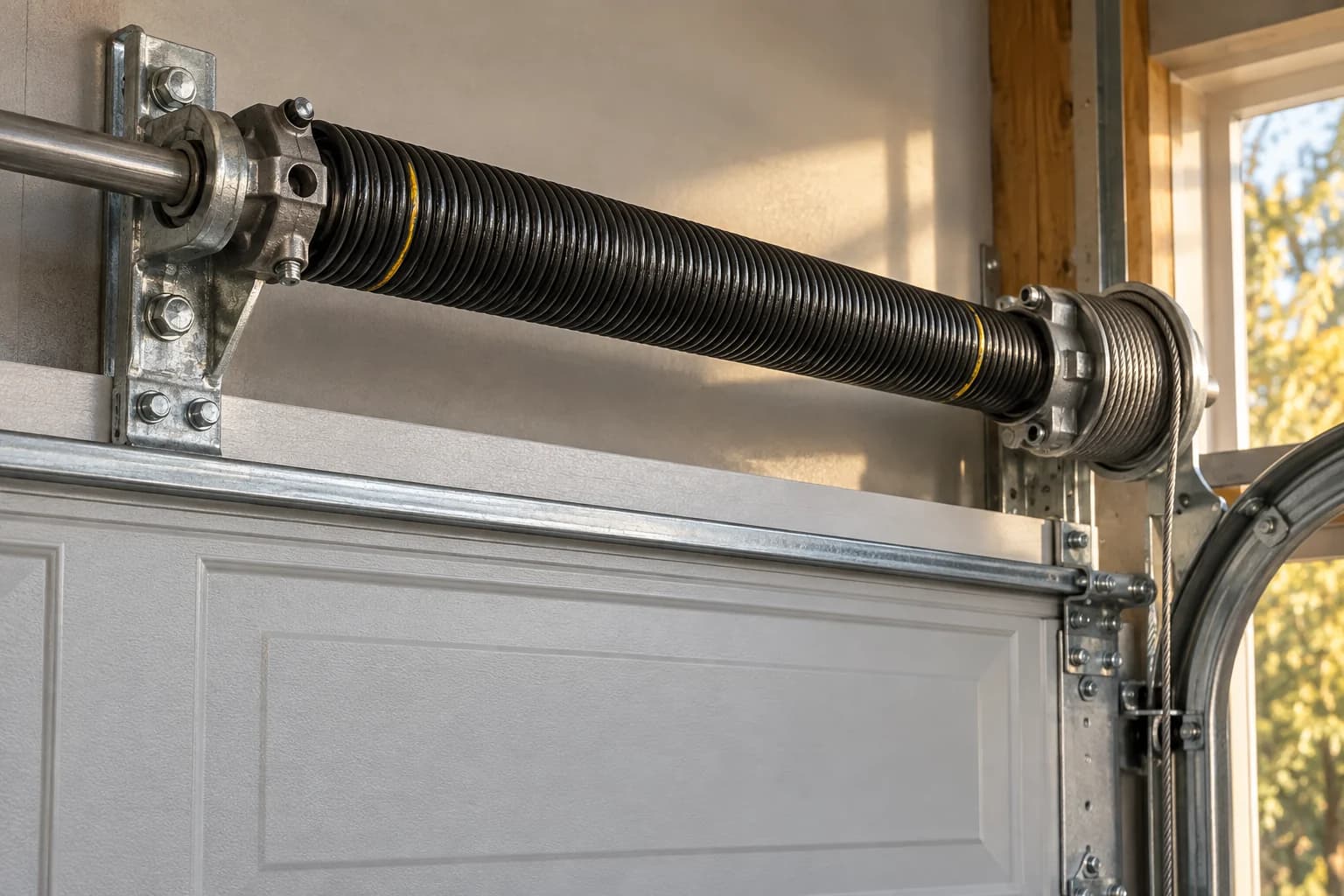 Close-up of a garage door torsion spring and hardware