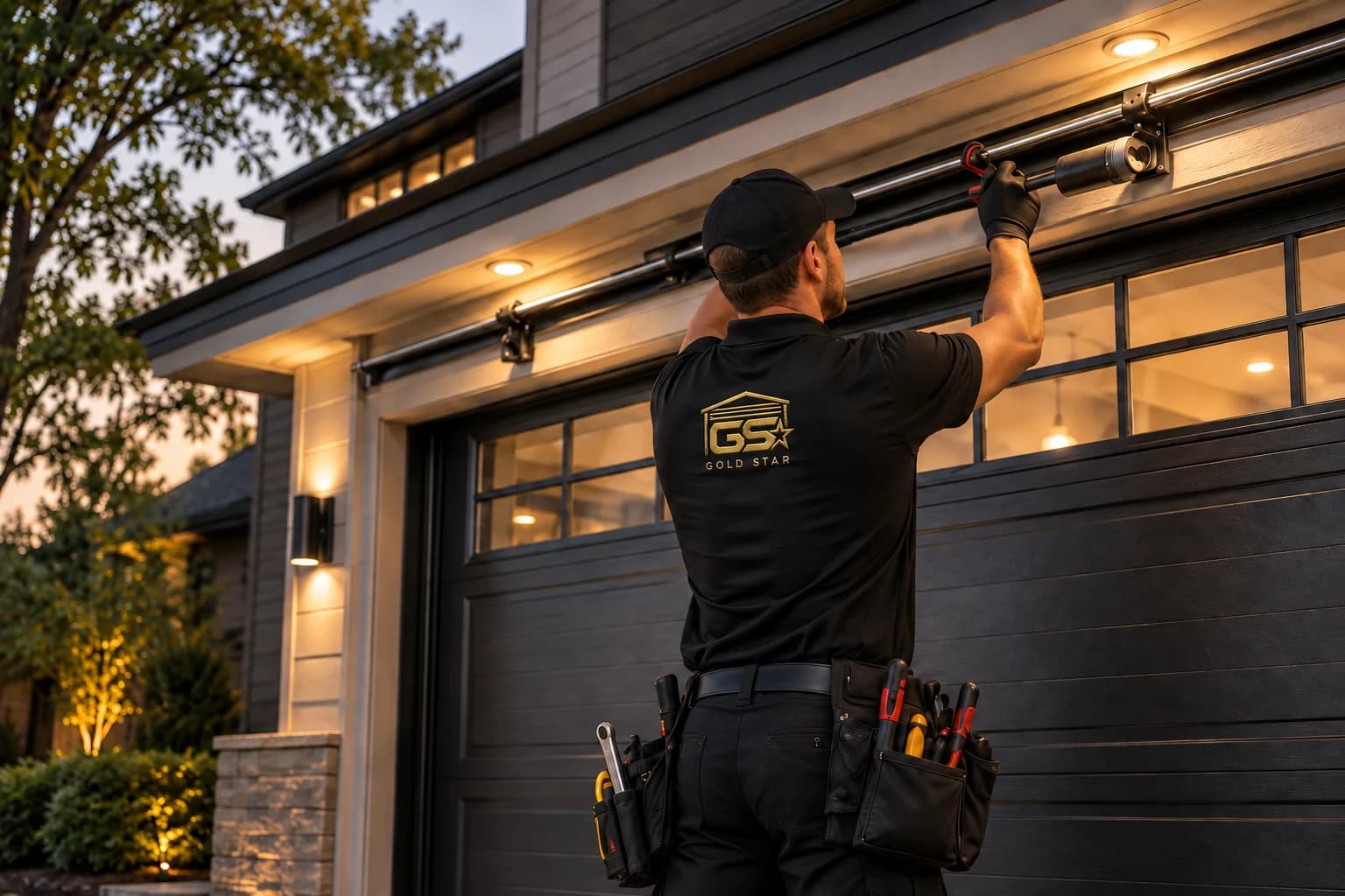 Gold Star technician inspecting a modern garage door mechanism