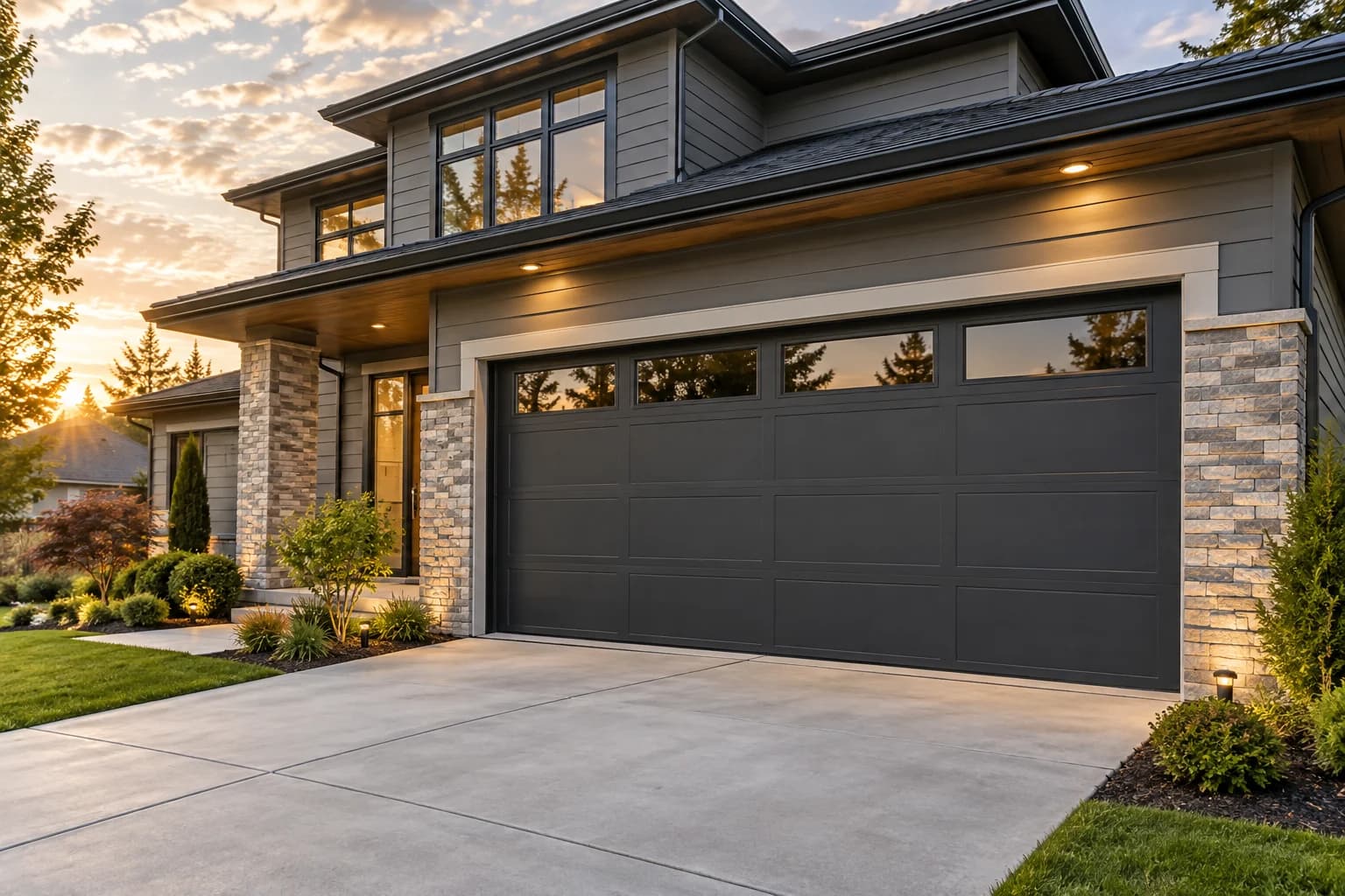 Contemporary home with a graphite garage door and upper windows