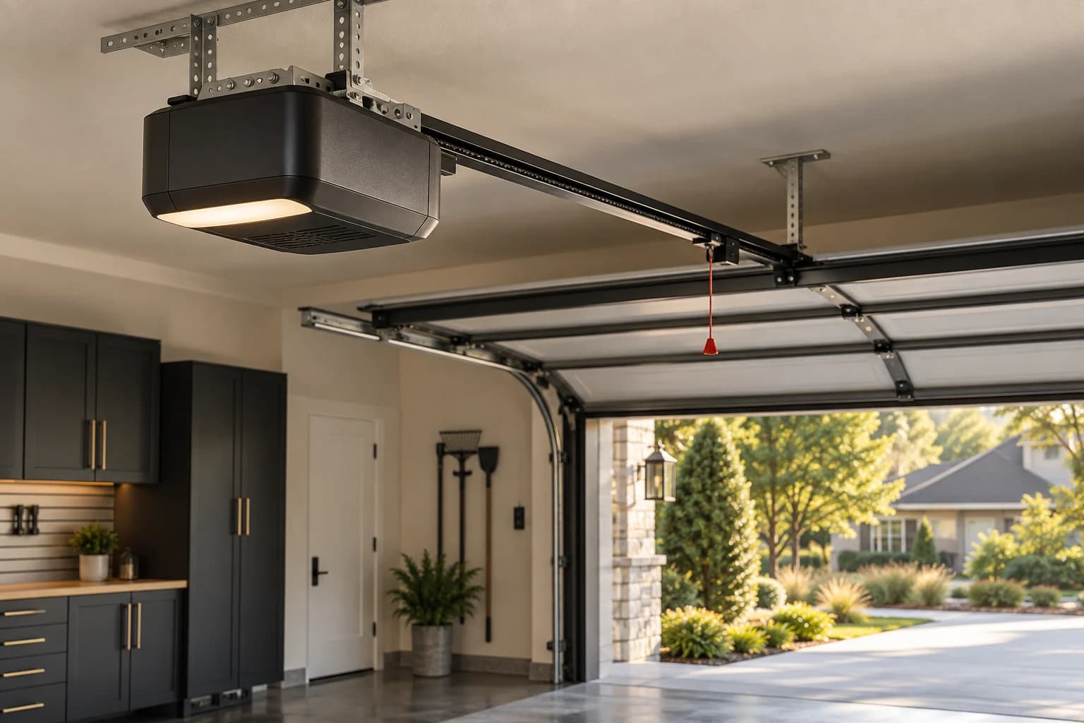 Garage door opener mounted on a residential garage ceiling