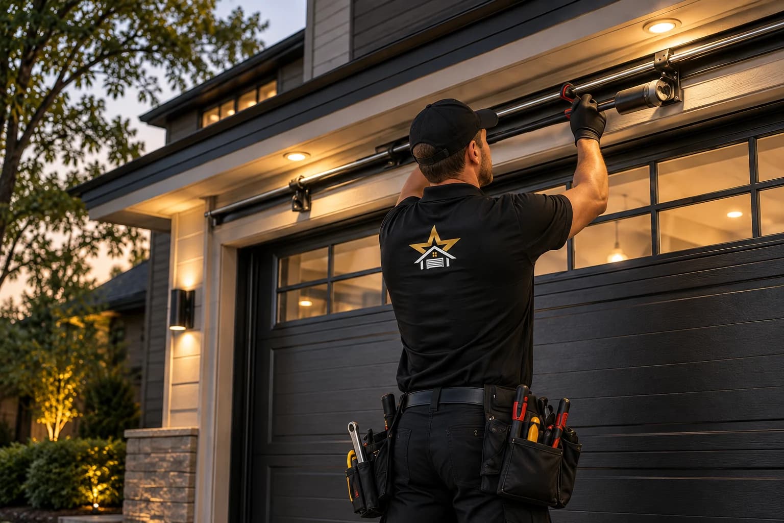 Professional technician inspecting a garage door at dusk