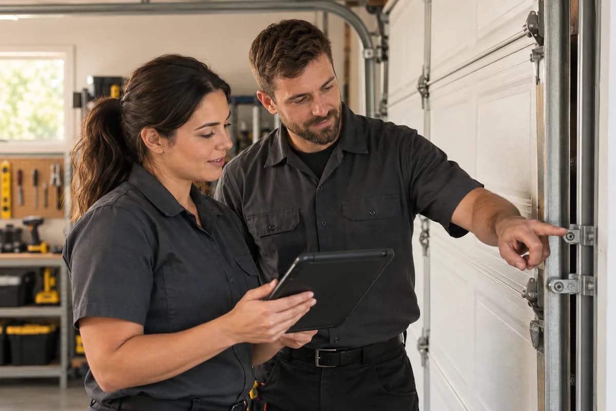 Illustrative scene of two technicians inspecting a garage door.