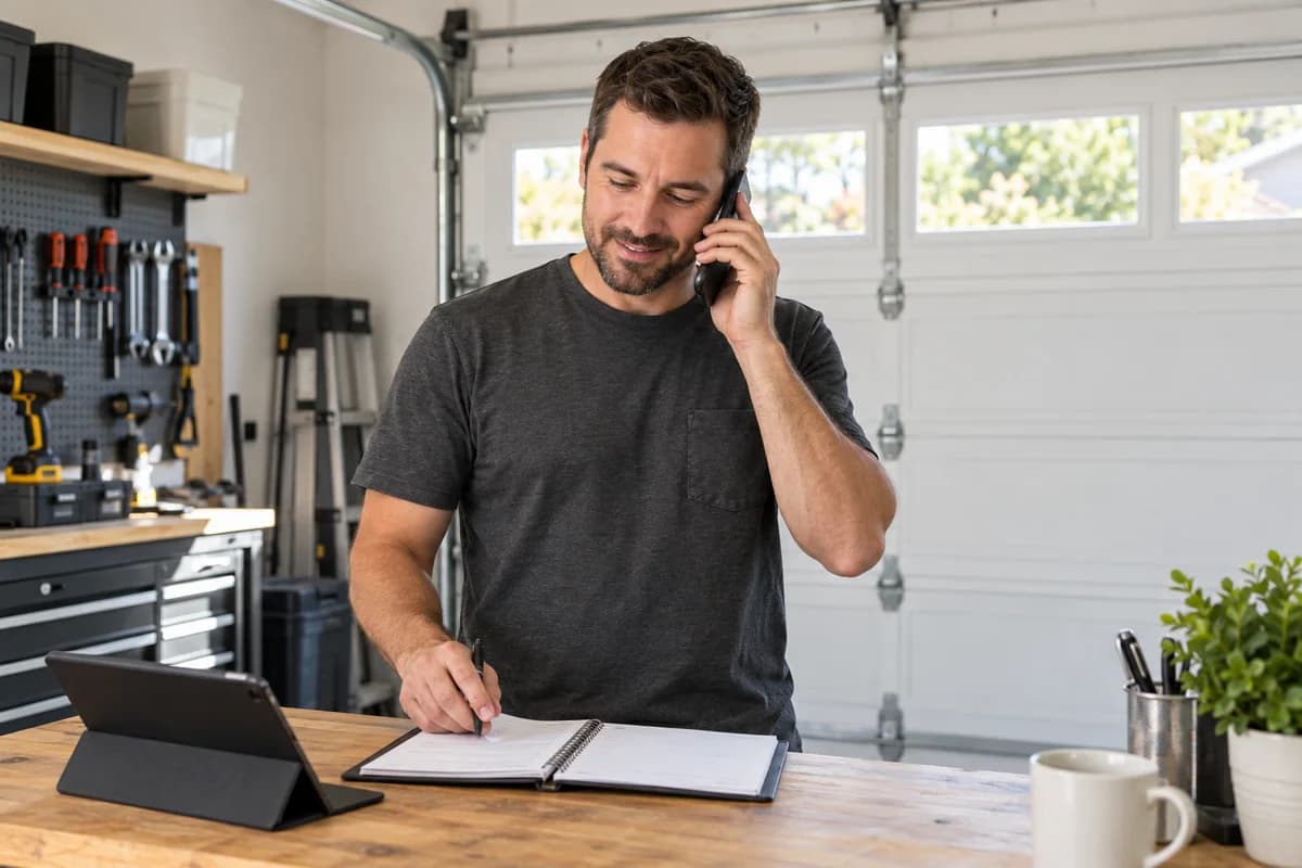 Illustrative scene of a phone conversation to schedule garage door service.